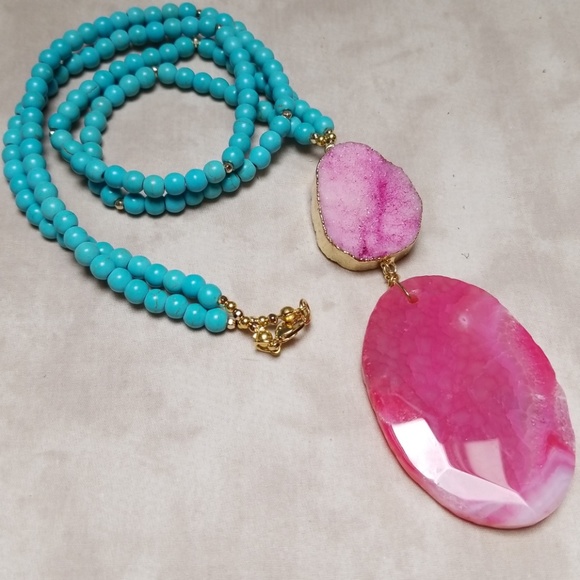 Handmade Jewelry - Handmade Quartz Crystal Agate Turqouise Necklace